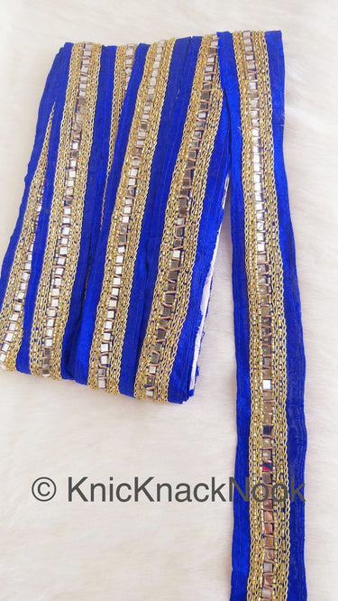 Royal Blue Fabric Trim With Mirrors Embellishments, Gold Beads and Gold Embroidery, Approx. 40mm Wide